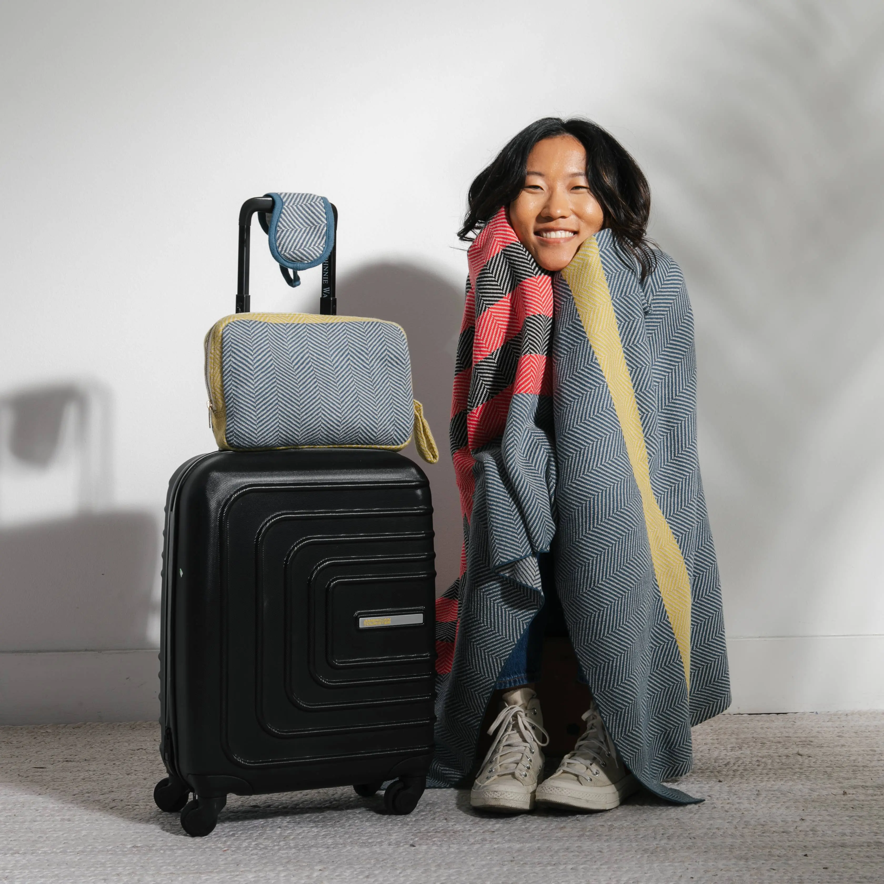 Chevron Stripes Travel Set - Blanket, Eye Mask and Pouch