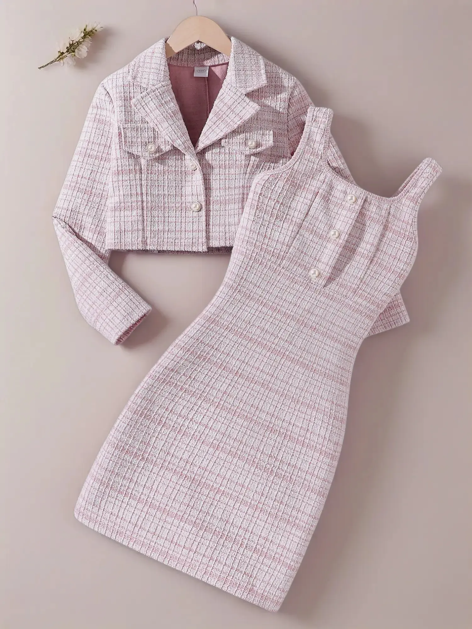 Girls' 2-Piece Set, Small Perfume Style, Button-Down Collar Short Cardigan Long Sleeve Blazer Jacket with Dress, Chic Sweet Elegant