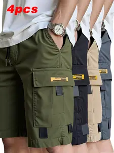 Men's Workwear Shorts Set of 4 - Loose Fit with Multiple Pockets, 100% Polyester Fabric Lightweight and Breathable, Solid Color Casual Wear for Labor and Leisure