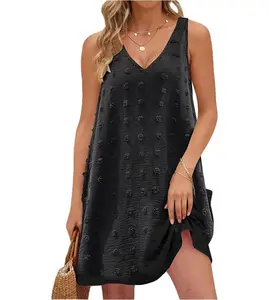 Women's Woven Swiss Polka Dot V-Neck Sleeveless Tank Dress - Light Stretch Soft 2026 Zilva, Relaxed Fit Casual Swim Cover Up for Summer Beach Travel