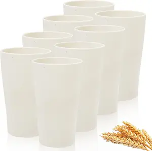 EI 8pcs Wheat Straw Cups,Beige Plastic Reusable Cups,Unbreakable Plastic Tumbler Cups,Cups for Kitchen,Dishwasher Safe Water Plastic Glasses