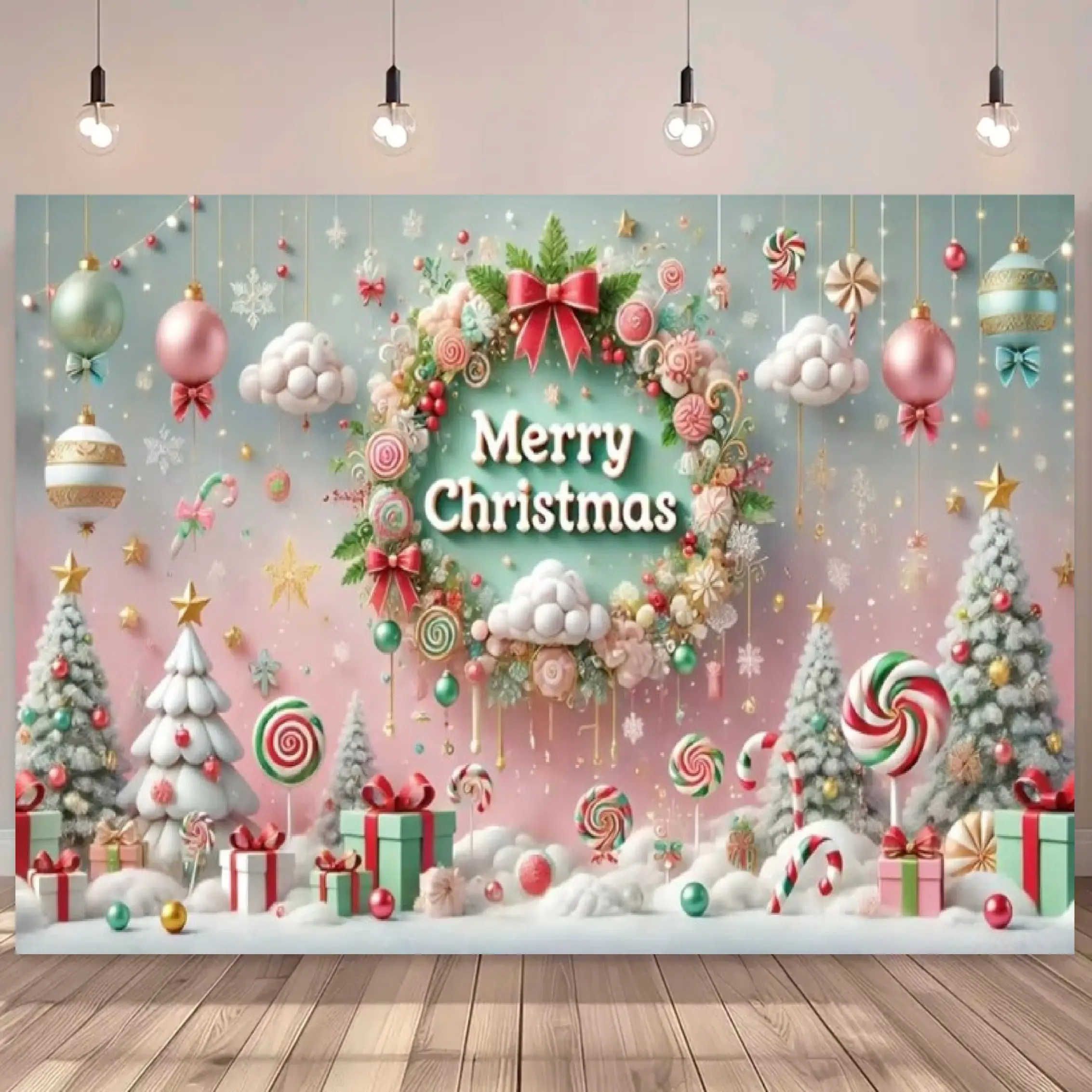 1pc Cozy Polyester Christmas Wall Hanging Backdrop Banner, Home Decor with Christmas Tree, Gift Boxes, Wreath Designs, Ideal for Party Decoration Supplies, Portrait Photography