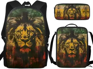 3 Piece Backpack Set for Teen Girls Aesthetic Jamaican Lion Flag Print Schoolbag Middle School Students Bookbag Lightweight Daypack with Insulated Lunch Box & Pencil Case