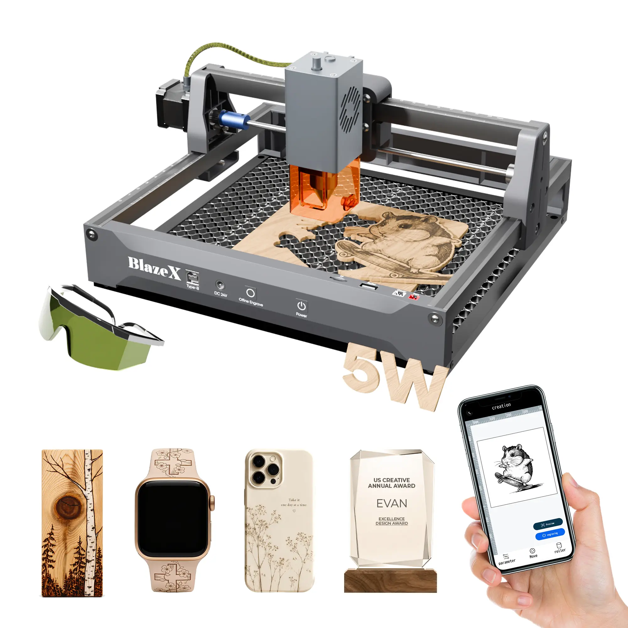 BlazeX M3 5W Laser Engraver & Cutter for Wood, Metal, Acrylic, Leather | 200×150mm Large Area Desktop Laser Machine | WiFi & USB Connection | Smart Safety Enclosure | High Precision DIY Gift Maker for Small Business Power Tool Industrial