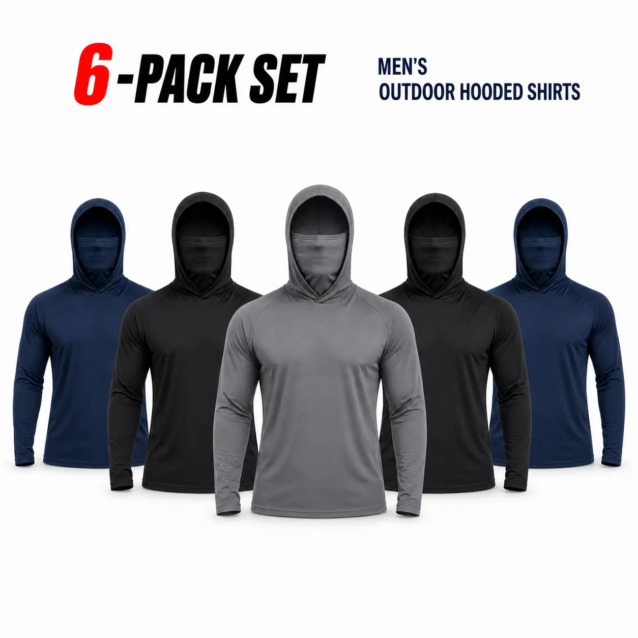 3-Pack or 6-Pack Men's Hooded Work Shirts with Built-In Face Cover Integrated Face Mask Lightweight Quick-Dry Long Sleeve Fishing Hoodies
