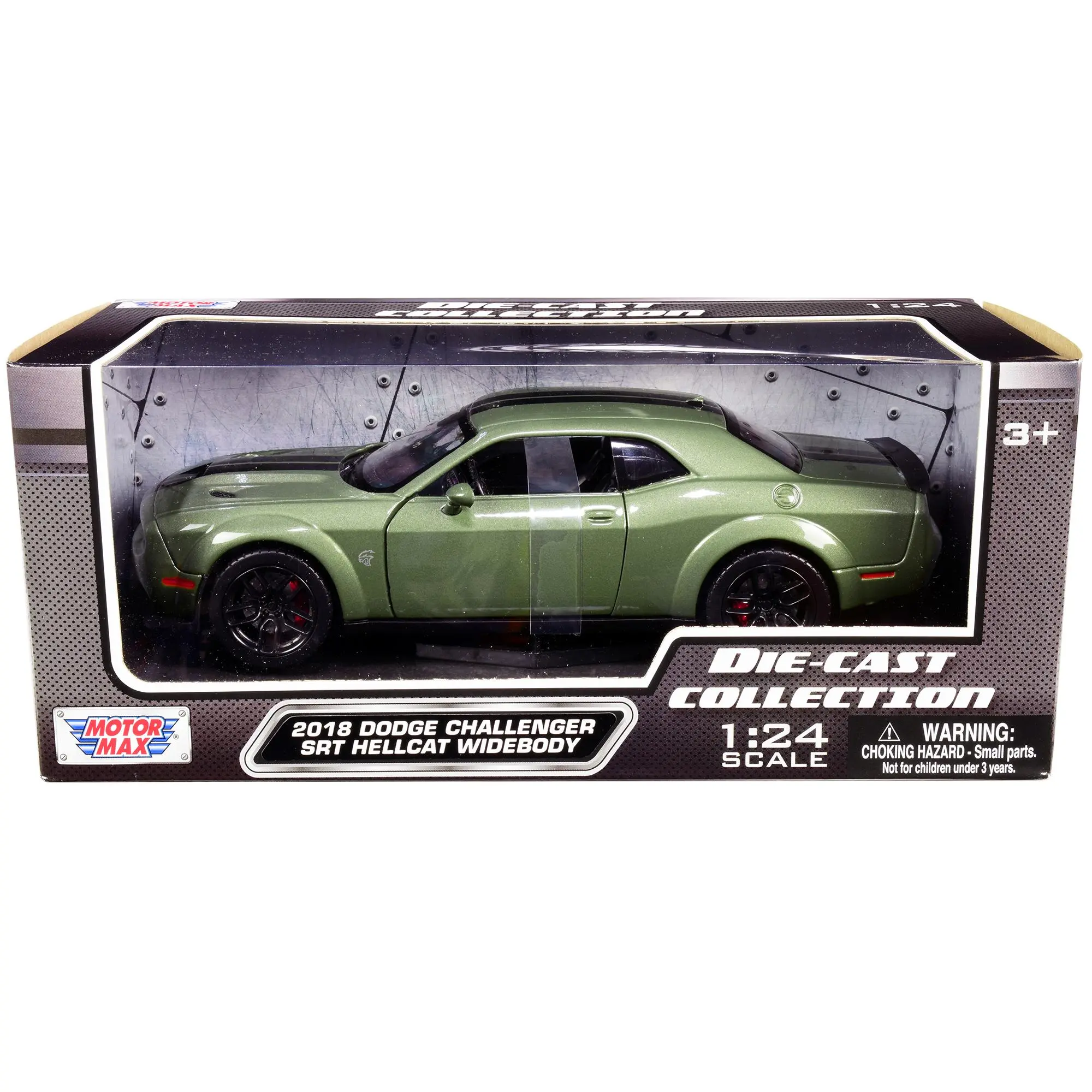 2018 Dodge Challenger SRT Hellcat Widebody Green Metallic with Black Stripes 1/24 Diecast Model Car by Motormax