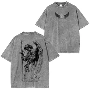 Vintage Washed Gray Grunge Streetwear T-Shirt with Retro Sketch Archangel Print, "St. Michael" Winged Sword Logo, Oversized Faith-Based Aesthetic Unisex Tee