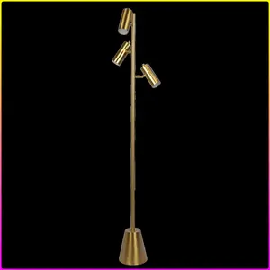 Lumina Brassed Gold Floor Lamp with Rotary Switch Triple Spots Metal Cone Base