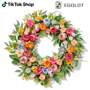 Egolot 22 Inch Spring Summer Penoy Wreath for Front Door Colorful Wildflowers Floral Eucalyptus Wreath for Indoor Outdoor All Seasons Everyday Wreaths for Front Door  door Outdoor All Seasons Everyday Wreaths for Front Door Outside Decorative tiktokshopsp