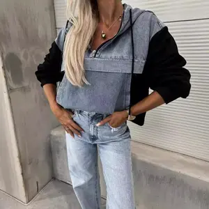 2025 Fashion Denim Patchwork Hooded Sweatshirt - Loose Casual Washed Denim Splicing Women's Top