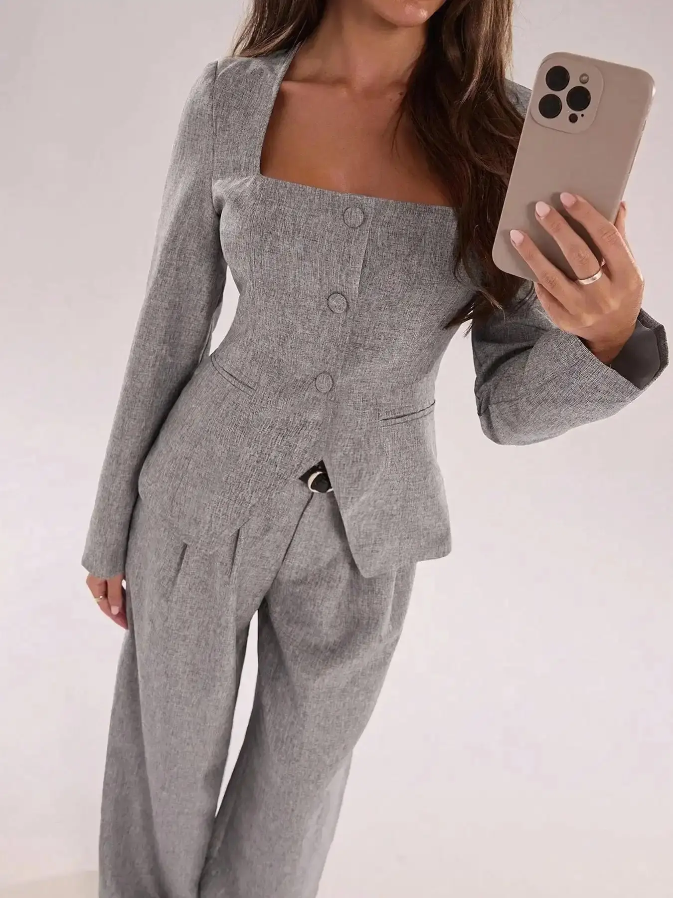 Unique Square Neck Single Button Blazer Set Fit, Long Sleeve, Straight Leg Pants, Perfect for Spring Fall Winter Commuting, Chic Elegant Versatile Suit Womenswear Outerwear go to laid back stylish smart casual