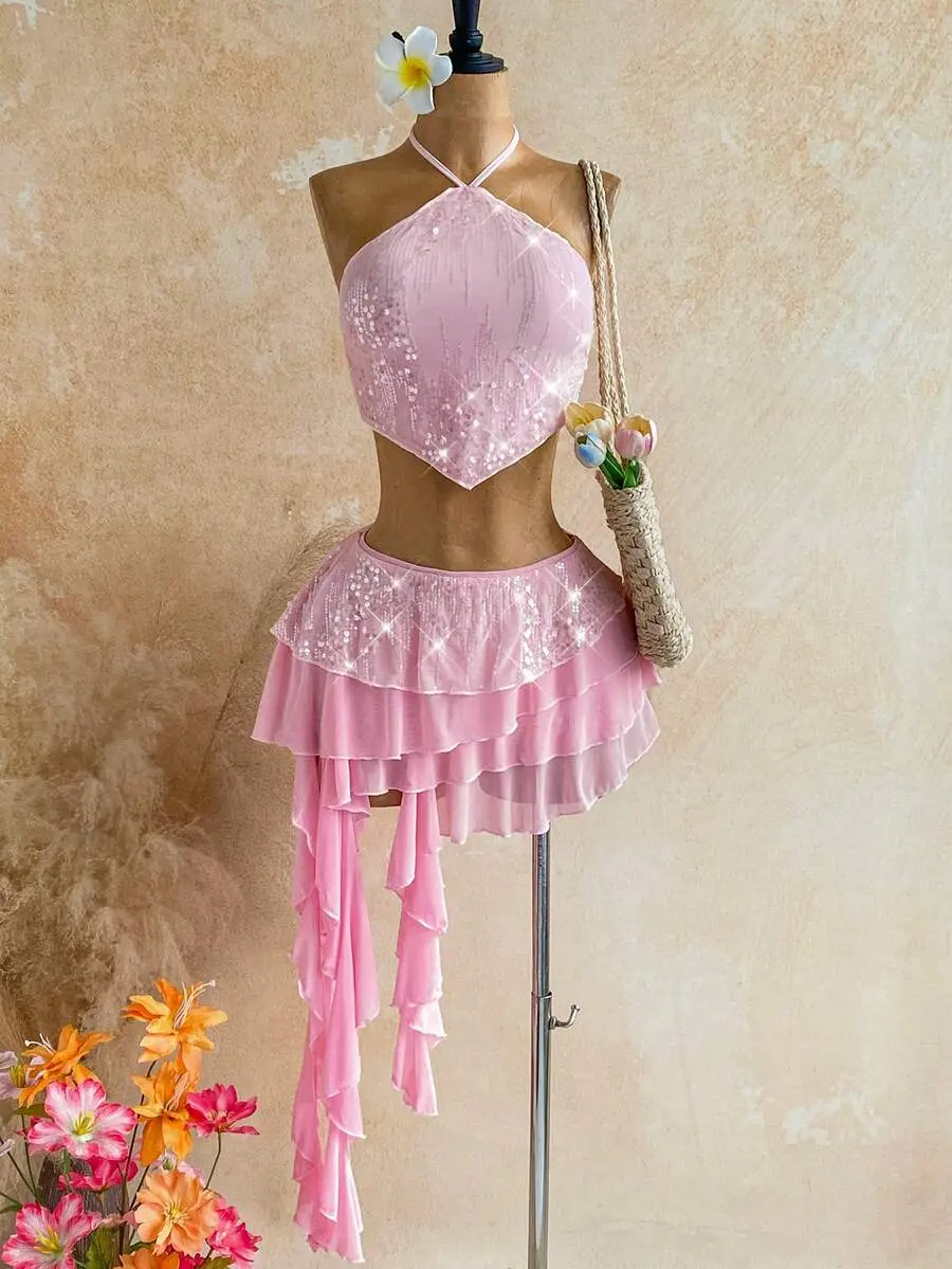 Womens Sequin Halter 2 Piece Set | Asymmetrical Crop Top & Layered Ruffle Mini Skirt | Sexy Summer Party Outfit