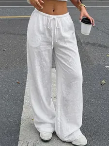 Women's Summer White Lightweight Linen Wide Leg Pants Casual Loose Adjustable Elastic Waist Drawstring Baggy Trousers Flowy Beach Outfits Casual Fashion Pants