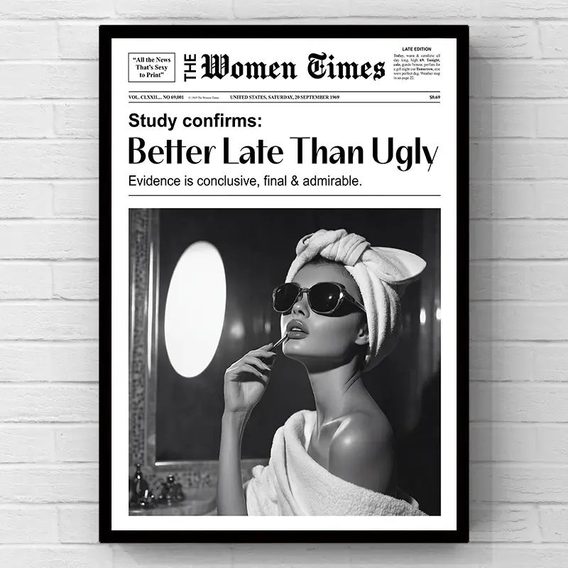 Retro women’s “Times” newspaper fashion towel head art—minimalist artistic hanging artwork; 2D flat print canvas wall poster; wall decoration/home décor; aesthetic girly bathroom wall décor; bedroom fashion home wall décor.