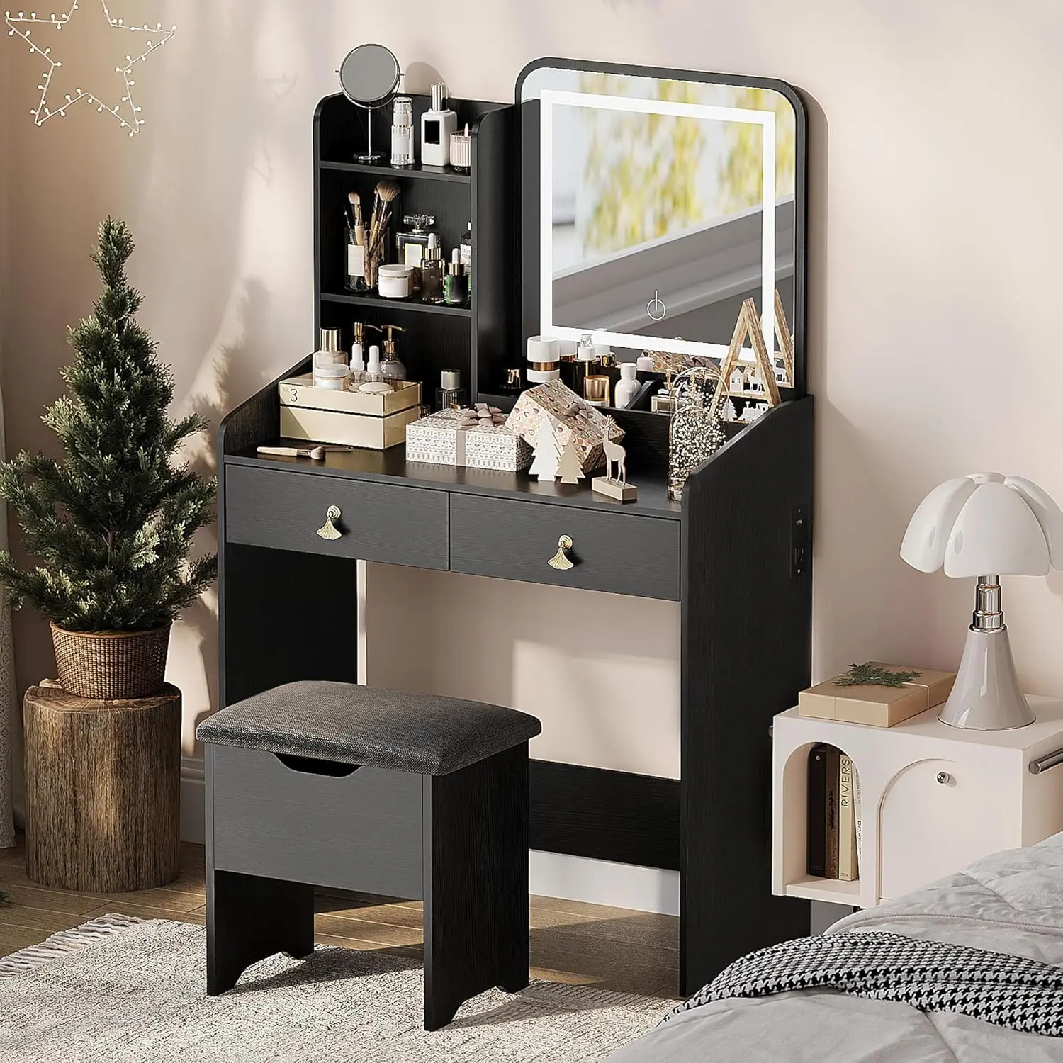 Gaomon Small Stylish Modern Luxury Illuminated Makeup Vanity Set Desk - Black Bedroom Vanity Desk with LED Lights Mirror, Charging Station, 2 Drawers, Storage Stool for Women, Vanity Sets Desk, Stylish Makeup Vanities