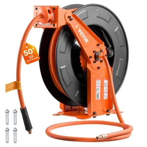 VEVOR Retractable Air Hose Reel, 3/8 Inchx 50 FT Rubber Air Hose Max 300PSI, Auto Rewind Air-Compressor Hoses Reel with 5 ft Lead in, Ceiling/Wall Mount Heavy Duty Steel Double Arm