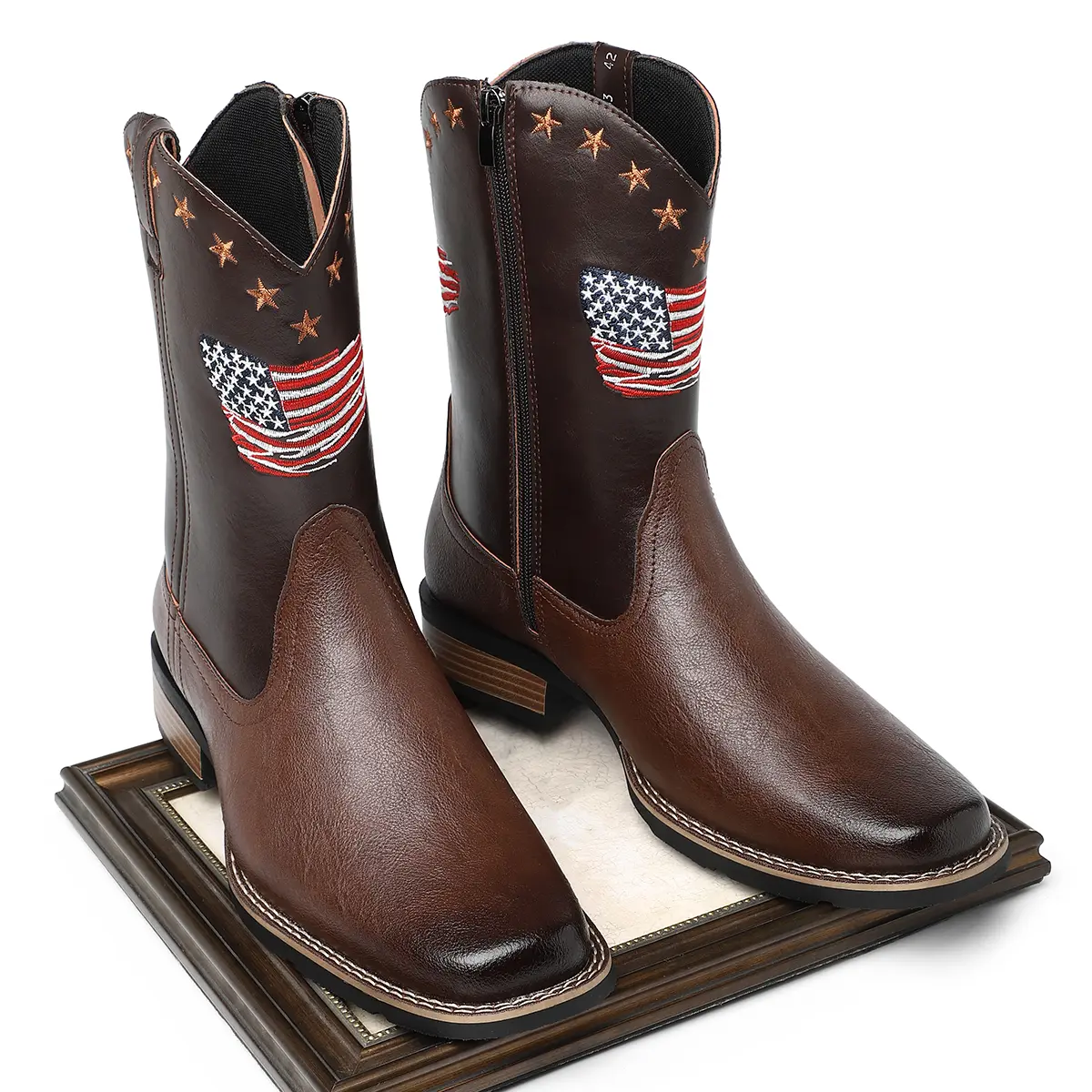 Men's fashion high top cowboy boots stars and stripes pattern non-slip comfortable durable shoes suitable for outdoor travel walking men style apparel mens breathable modern lightweight responsive essential trendy