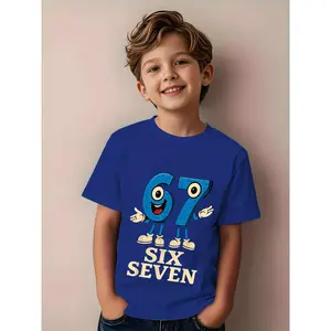 [Machine Washable] Boys' Number 67 Print T-Shirt - Short Sleeve Casual Summer Top with Number 67 & Digits Design, Round Neck Playwear for, & Casual Attire - Machine Washable ' Math-Themed Outfit