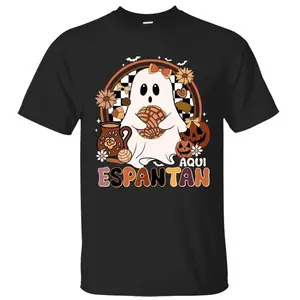 Aqui Espantan Mexican Halloween Conquette Boo Boo Ghost T-shirt, Spanish Halloween Conchas Ghost T-shirt, Regalos Es Espanol, Trendy Hispanic Halloween Spooky Latina Season Unisex Cotton T-shirt for Women for Men Womenswear Menswear Top Fabric Breathable