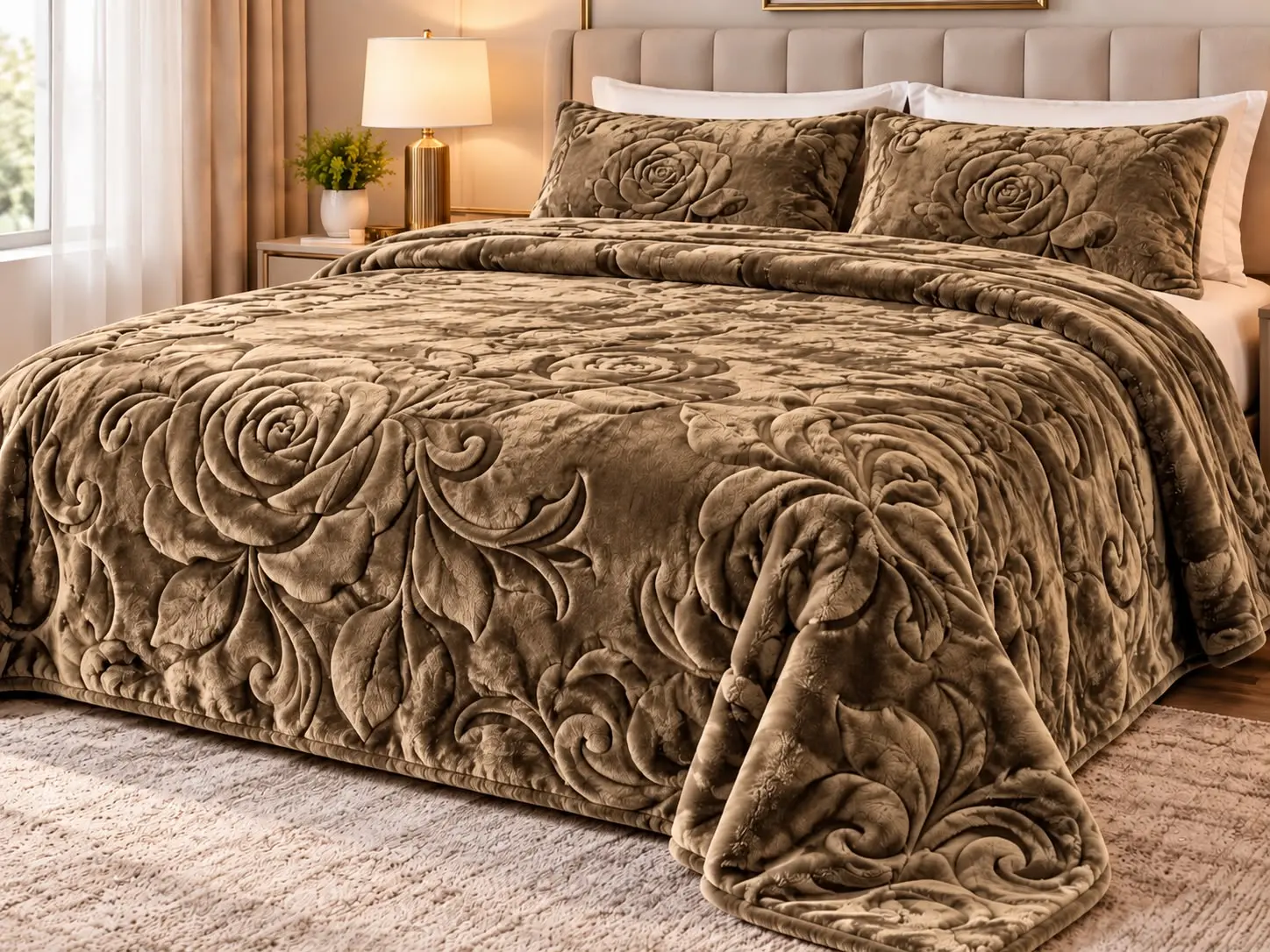 LUXURY 10LB HEAVYWEIGHT CARVED PLUSH BLANKET BROWN KING