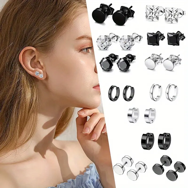 Men's 12-Pair Earrings Jewelry Set - Stainless Steel Hip Hop Hoops, Sparkling CZ Studs, Black & Silver Metal Coating Assortment for Jewelry Stack in Gift Box (Fashionable Accessories)