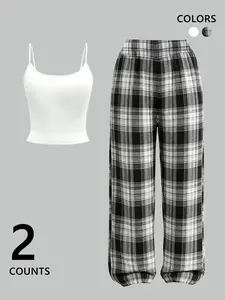 Women's Plaid Sleepwear Set, Comfortable Loose Fit Pajamas with Tank Top & Long Pants, Casual Nightwear for Cozy Nights