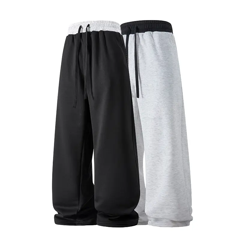 Color blocking patchwork elastic waist sports pants, fashionable and casual versatile wide leg pants, loose and comfortable daily street style drawstring casual pants