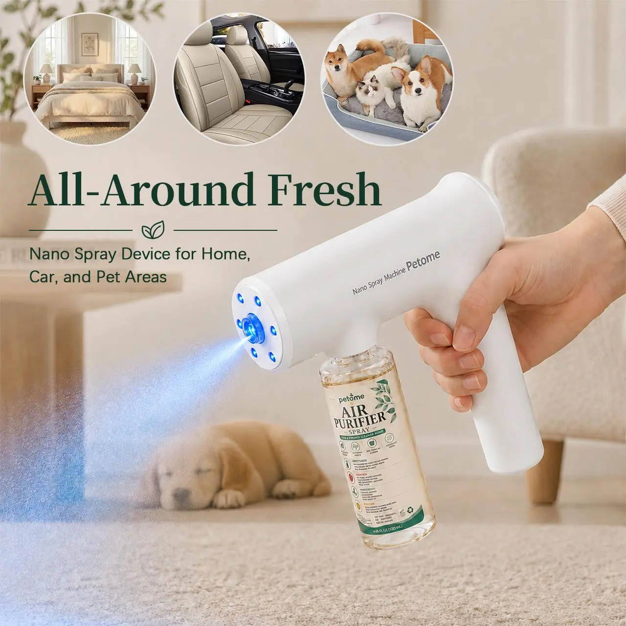 Petome Rechargeable Nano Mist Sprayer + 4 × 120ml Odour Remover Refills, Fine Mist Spray with Blue Operating Light, Plant-Based Enzyme Formula for Sofas, Carpets, Bedding, Pet Areas & Car Interiors, 1200mAh, USB-C