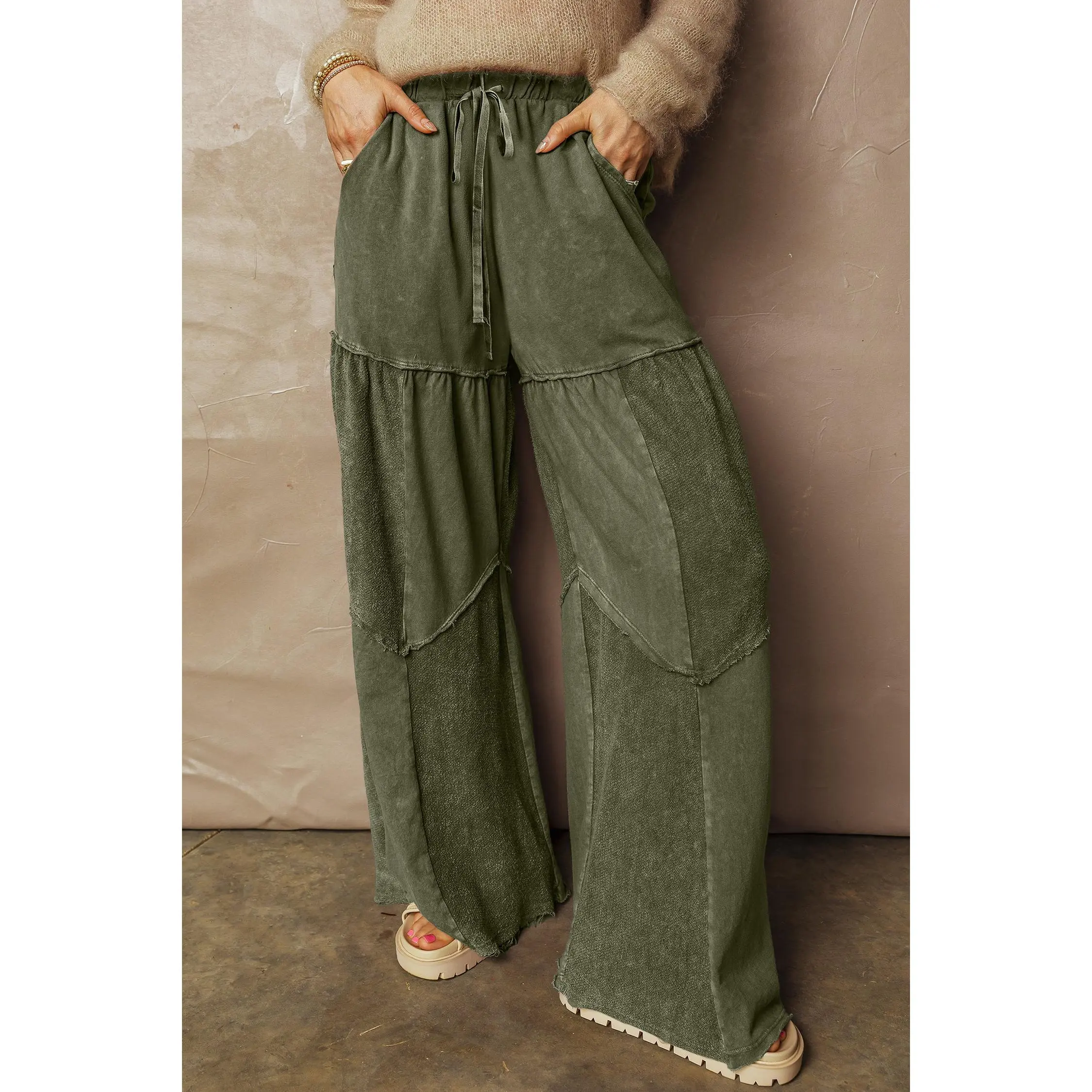 Women's Vineyard Green Mineral Wash Tiered Wide Leg Patchwork Pants - Drawstring Waist, Exposed Seams, Festival Casual
