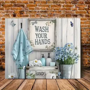 2D Flat, 1pc, Retro Farmhouse Bathroom Featuring a 'Wash Your Hands' Sign And Floral Designs, Canvas Wall Art with a Modern Vintage Aesthetic, High-Quality Printed Poster, Stylish And Elegant Decor for Home Office