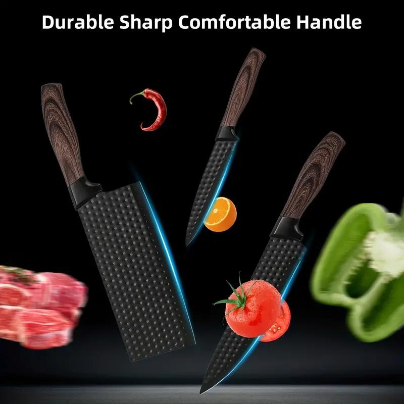 6-Piece Black Diamond Texture Kitchen Knife Set with Wooden Handle | Ultra Sharp Stainless Steel Chef Knives, Cleaver, Scissors & Peeler, Non-Stick Coating, Ideal for Home Cooking & Gifts