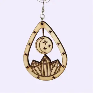 Doompop Crystal Crescent Tear Drop Shaped Dangle Earring - Natural Wood Finish