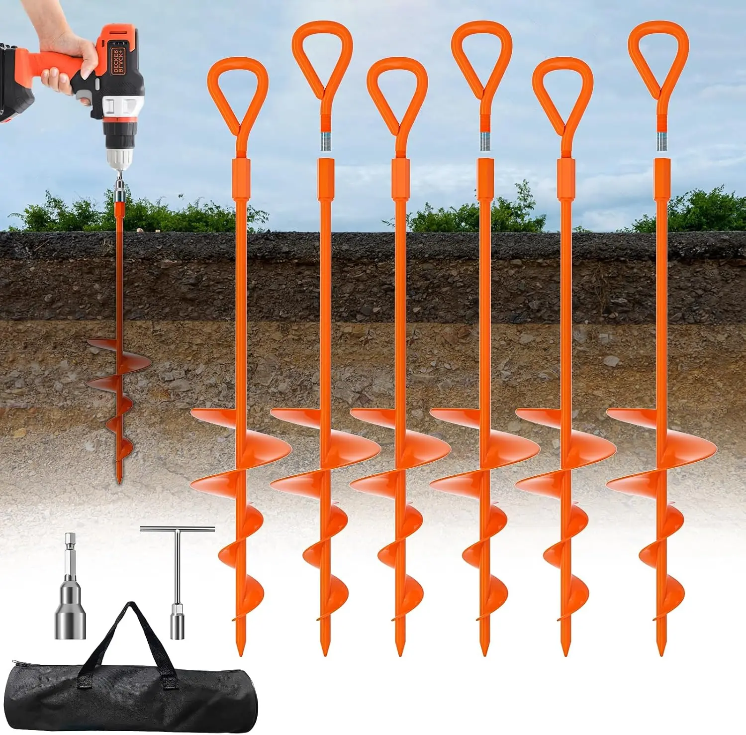 18''/30" Long Ground Anchor, Heavy Duty Earth Anchors Ground Anchors Screw in Kit with T-Handle Hex Wrench for Camping Tent, Swing Sets, Securing Animals, Sheds, Trampoline