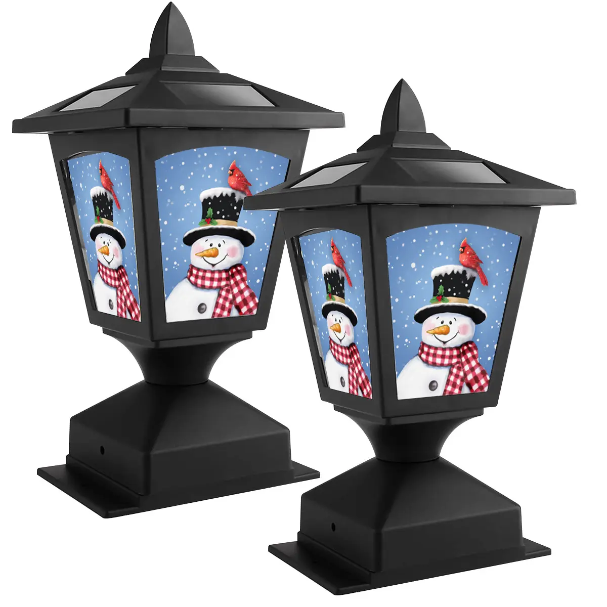 Solar Post Lights Outdoor, 2 Pack, Wood Fence Posts, Pathway, Deck, Christmas Decoration (Cardinal and Snowmen)