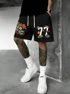 Men's Casual Loose-Fitting Drawstring Shorts, Digital Letter Print, Summer Wear, Ideal for Office, Travel, Outdoor Activities