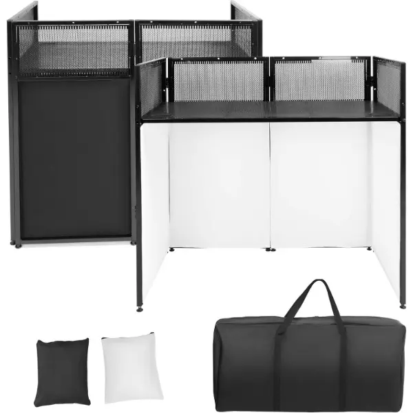 Foldable DJ Booth Setup - 21"x39" Tabletop Facade Station with Sturdy Steel Frame, Cable Management, Integrated Channels, 82" Wide Open, 2 Small Gear Bags, Easy-Mount Hardware, Black-White Scrims, Travel-Bag Ready, Compact Storage for Small Venues