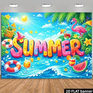 2D Summer Beach Party Backdrop Featuring Large Three-dimensional "SUMMER" Letters as the Centerpiece, Paired with an "S" Letter Wearing a Pink Hat, Red-and-white Striped Lifebuoys, Orange Juice in a Goblet, and Watermelon Slices. The Background