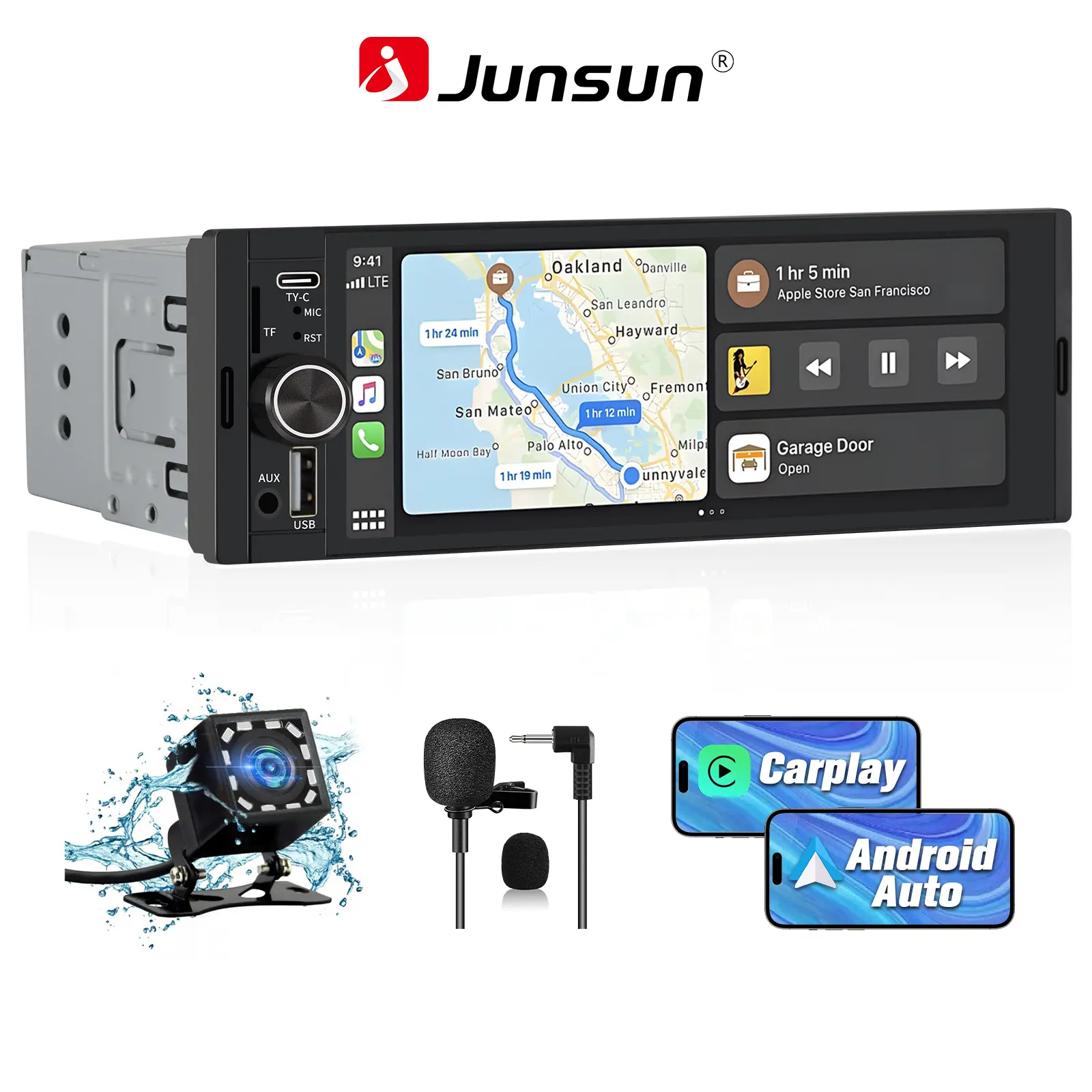 Junsun 6.86'' Single DIN Car Stereo with CarPlay and Android Auto, Radio 1 din with Reversing Camera FM Type-C Port Function