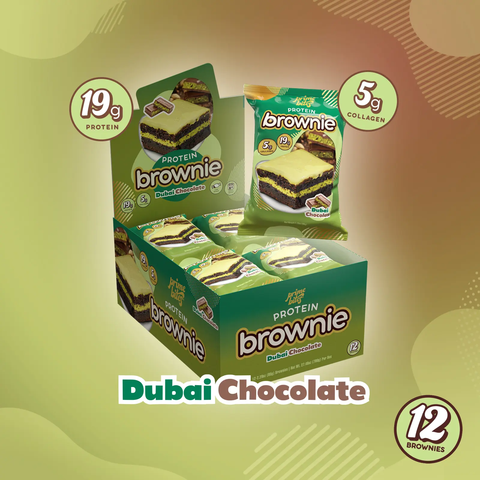 Dubai Chocolate Prime Bites - 12 Pack - Protein Brownies with 19g Protein and 5g Collagen Snack - Fresh Baked High Protein Snack w/ Low Sugar Dubai Chocolate Prime Bites - 12 Pack - Protein Brownies with 19g Protein and 5g Collagen Snack - Fresh Baked High Protein Snack w/ Low Sugar