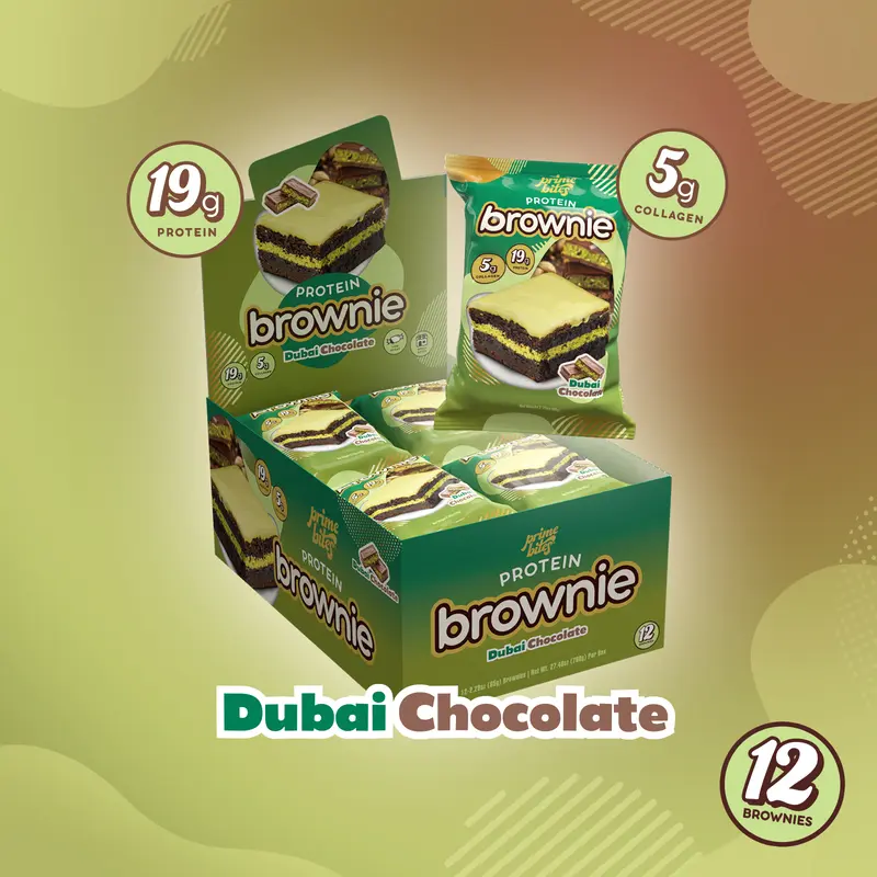 Dubai Chocolate Prime Bites - 12 Pack - Protein Brownies with 19g Protein and 5g Collagen Snack - Fresh Baked High Protein Snack w/ Low Sugar
