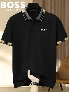Men's Classic Bqss Print Polo Shirt, Elastic Casual Breathable All-Season Wear, Comfortable Durable High-End Fitted Design