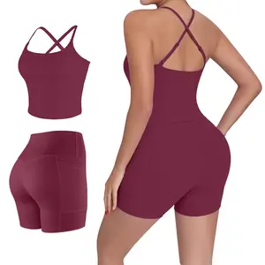 【Fast Shipping】NORMOV 2026 NEW 2 Piece Workout Set S-2XL - Longline Sports Bra + Side Pockets Shorts – Women’s Yoga Outfit Activewear for Gym Running Training Lightweight Compression Sportswear