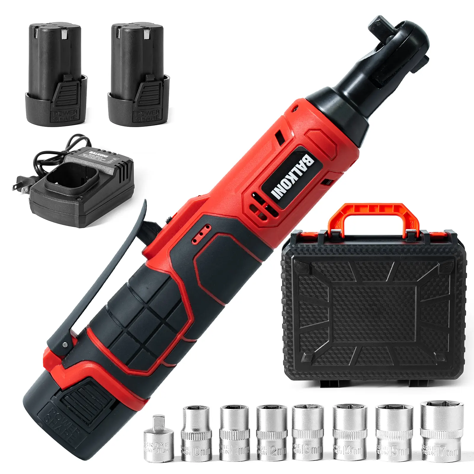 BALKONI 3/8" 40Ft-Lbs Electric Ratchet Wrench with 2.0Ah Battery, Fast Charger, 7 Sockets, Socket Adapter, All-Copper Motor, LED Light – Ideal for Tight Spaces, Car Maintenance