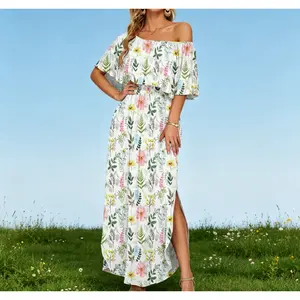 Women's Plus Size Off The Shoulder Dress Wedding Guest Dress Summer Casual Long Ruffle Party Side Split Beach Maxi Dresses with Pockets