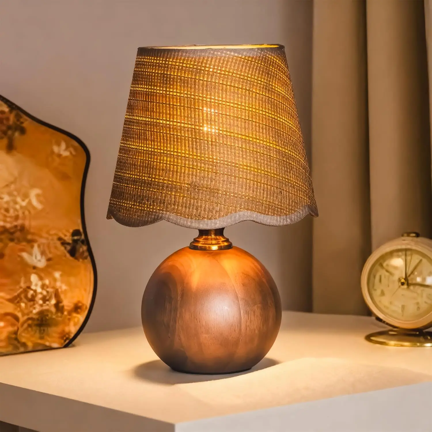 11.4 in Modern Wooden Table Lamp, Small Fabric Shade Nightstand Desk Lamp with Dimmable Bulb, E26 Socket, Warm Ambient Lighting for Bedroom Living Room, Bedside Table, Table Lamps