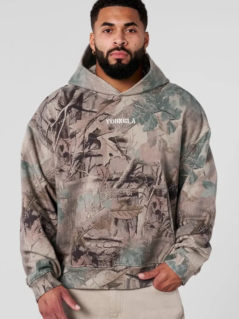 Youngla Tree Camo Pullover Hoodie – Vintage Hip Hop Streetwear Sweatshirt, Y2K Woodland Camo Graphic Hooded Top, Retro Casual Unisex Fashion for Men Women, Outdoor Fall Winter Outfit, Gift