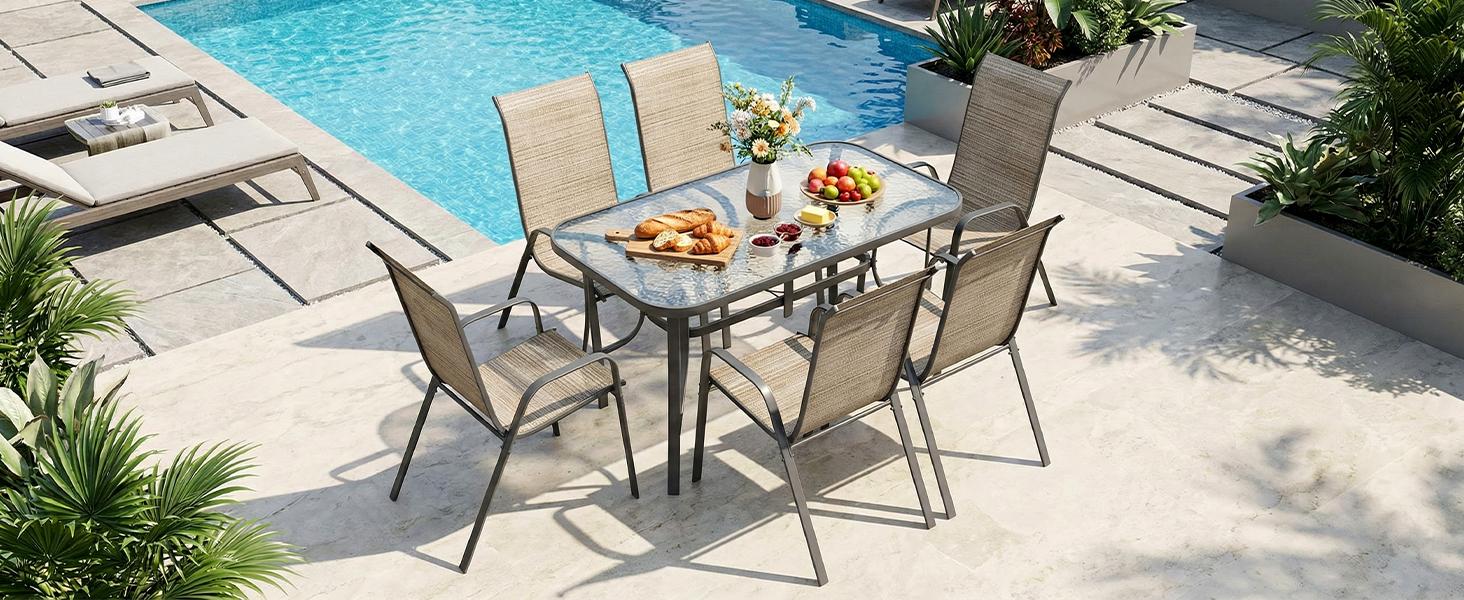 Arlopu 7 Pieces Patio Dining Set, Outdoor Table and Chairs W/1.69″ Umbrella Hole, 30"X 55" Table and Stackable Textilene Chair, All Weather Patio Furniture Set (Umbrella not Included)