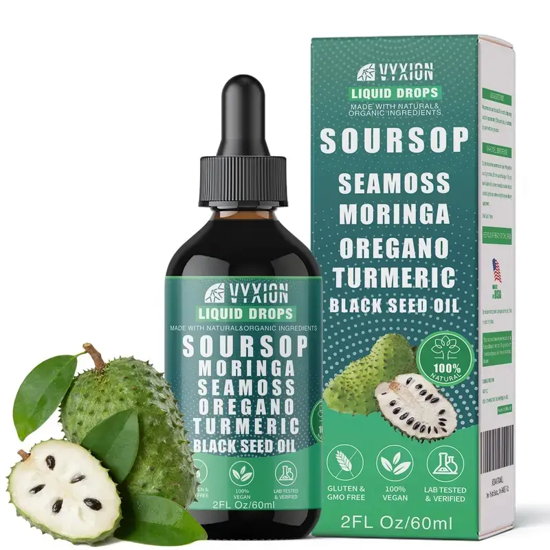 Pure Soursop 10 in 1 Liquid Drops Extract - Seamoss,Moringa,Black Seed Oil,Turmeric,Oregano Liquid Drops for Immune System and Gut Health Support
