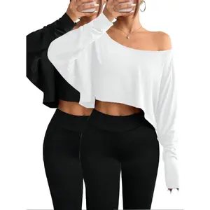 Women's Solid Off Shoulder Tee, Casual Long Sleeve Crop Top for Daily Holiday Outdoor Wear, Ladies Clothes for All Seasons, T Shirts for Women, Go Out Tops Basic Black And White