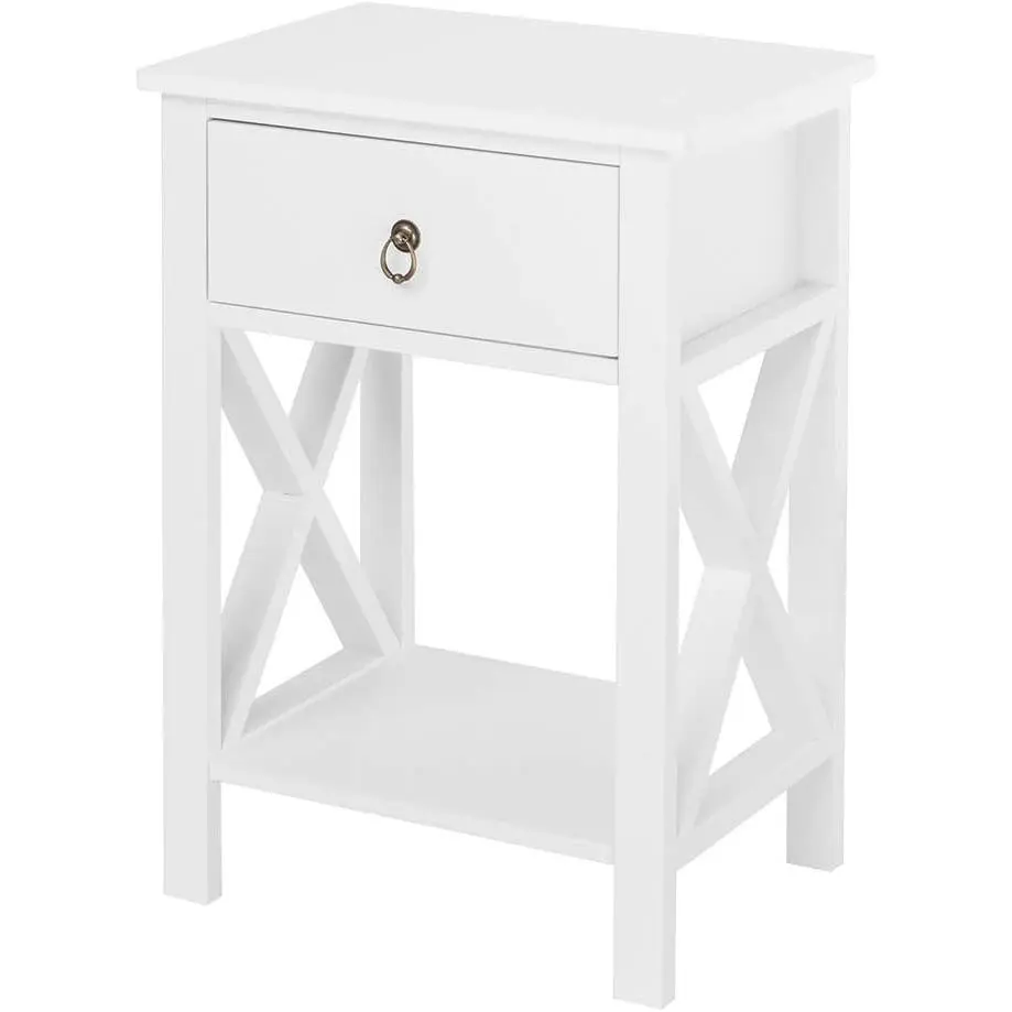 White Pine End Side Table Nightstand - Bedside Table with Drawer, Storage Shelf, Glide Function, Easy Setup, and Anti-Slide Pads